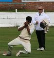 Sajeewah Weerakoon takes a caught and bowled to dismiss Faruqali Saiyed