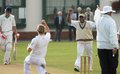 Liam Livinstone punches the air on getting Nathan McDonnell out LBW
