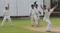 The Morecambe players appeal for LBW against Tom Reece - Not Out