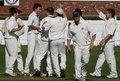 A happy set of Blackpool players at the fall of a wicket
